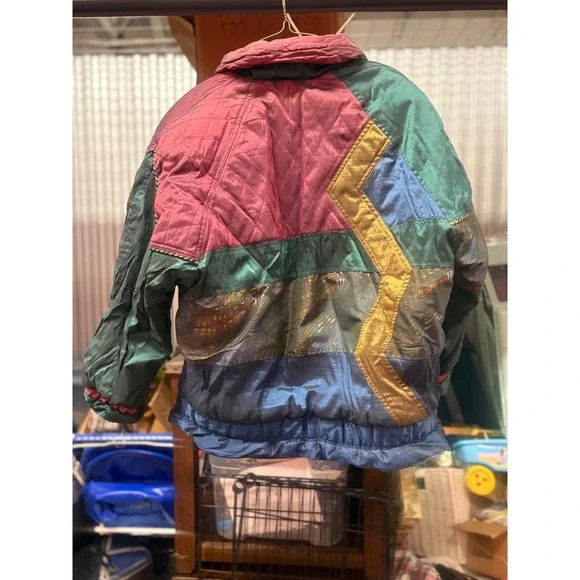 Vintage 80s groovy Bomber Jacket Metallic Teal Pink Gold Women's Size Large - Picture 10 of 12